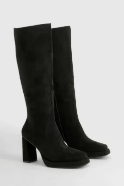 Online boohoo Faux Suede Block Heel Platform Knee High Boots black
