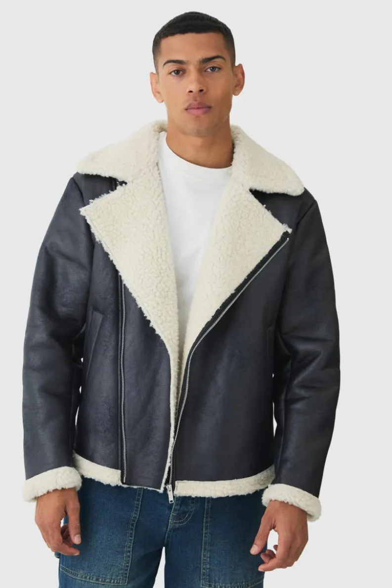 Best boohooMAN Faux Suede Borg Collar Aviator Jacket In black