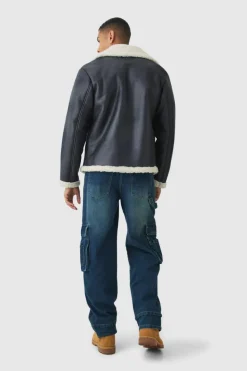 Best boohooMAN Faux Suede Borg Collar Aviator Jacket In black