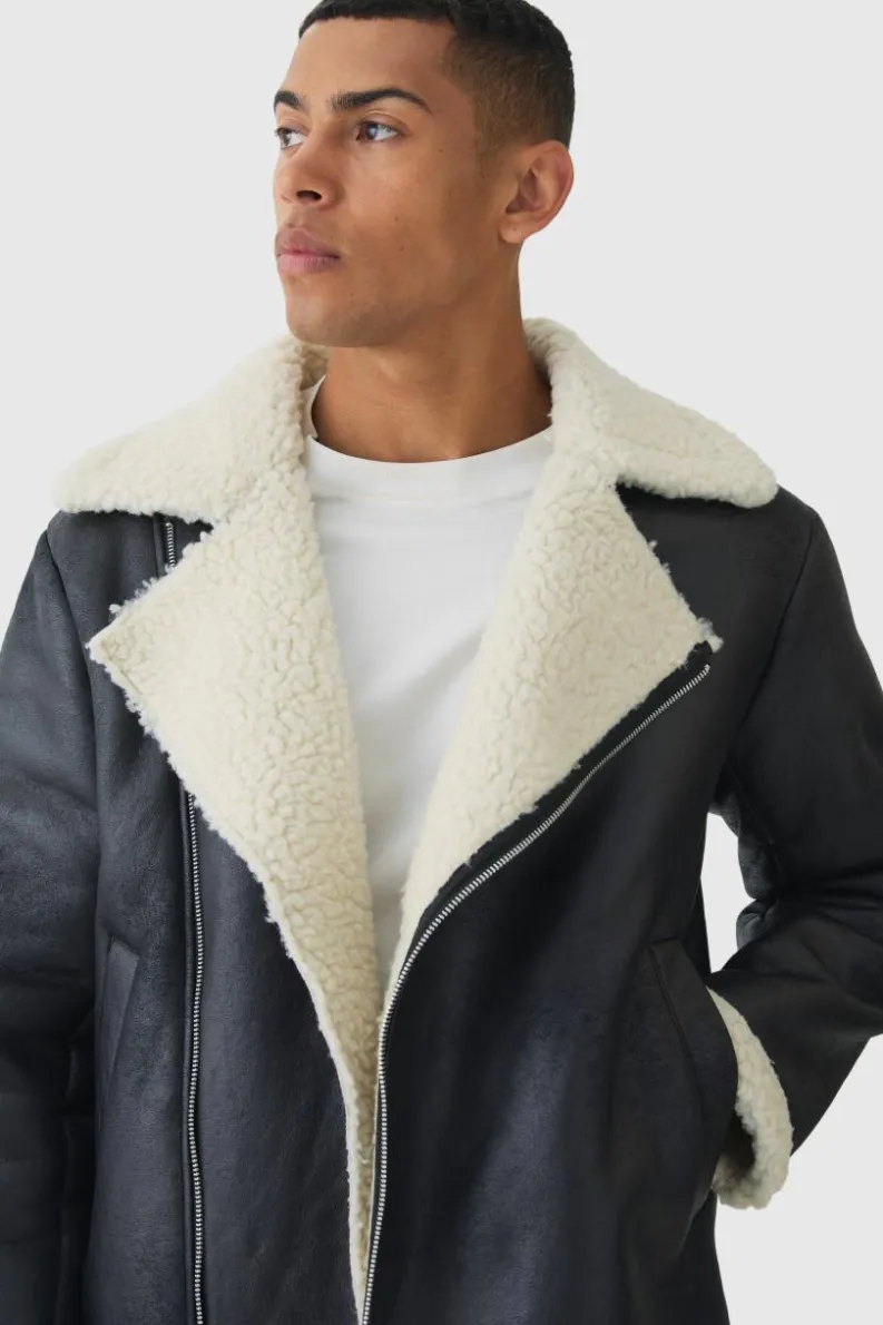 Best boohooMAN Faux Suede Borg Collar Aviator Jacket In black