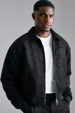 Fashion boohooMAN Faux Suede Boxy Collared Bomber Jacket black
