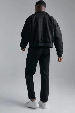 Fashion boohooMAN Faux Suede Boxy Collared Bomber Jacket black