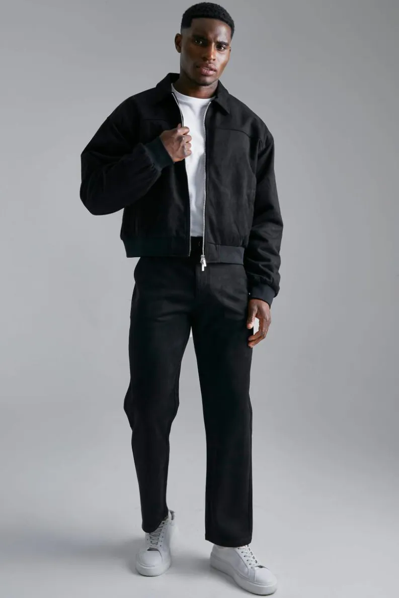 Fashion boohooMAN Faux Suede Boxy Collared Bomber Jacket black