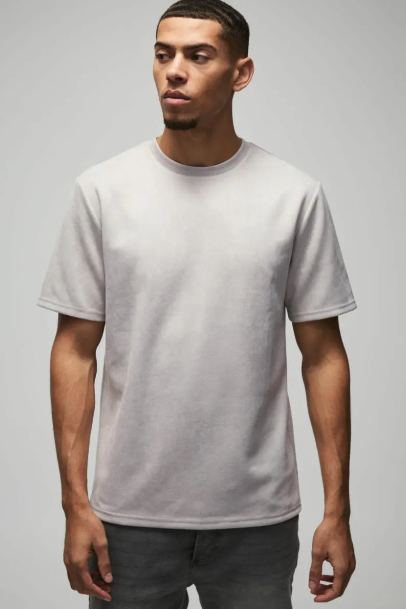 Shop boohooMAN Faux Suede Brushed T-shirt stone