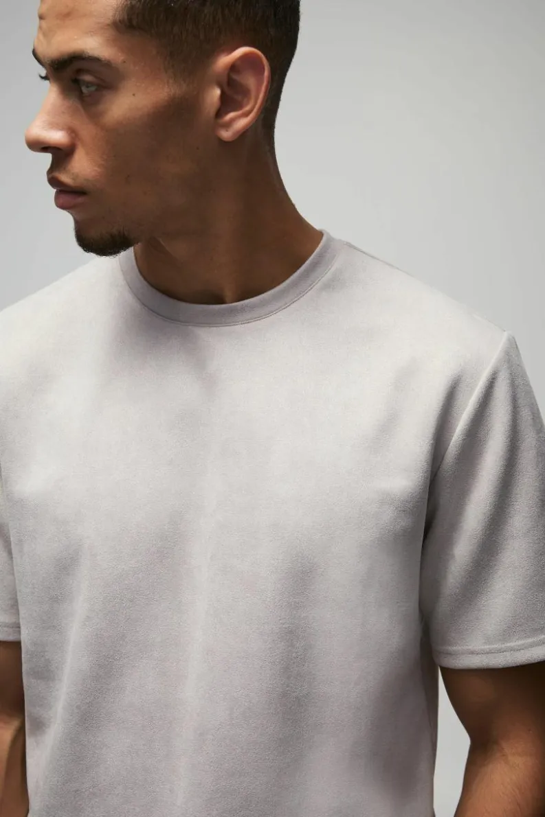 Shop boohooMAN Faux Suede Brushed T-shirt stone
