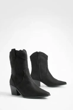 Shop boohoo Faux Suede Cut Out Detail Western Cowboy Boots black