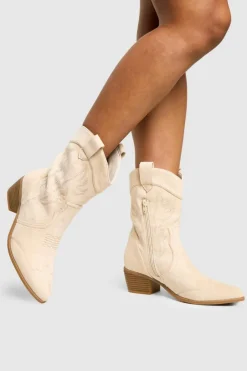 Clearance boohoo Faux Suede Embroidered Western Ankle Cowboy Boots light beige