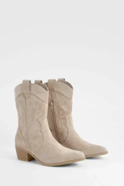 Clearance boohoo Faux Suede Embroidered Western Ankle Cowboy Boots light beige