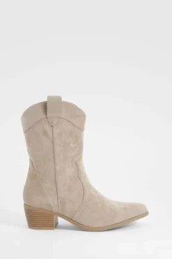 Clearance boohoo Faux Suede Embroidered Western Ankle Cowboy Boots light beige