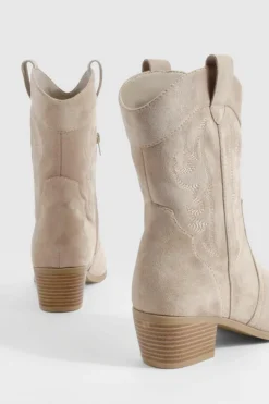 Clearance boohoo Faux Suede Embroidered Western Ankle Cowboy Boots light beige