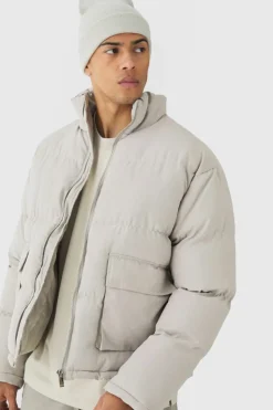 Cheap boohooMAN Faux Suede Funnel Neck Puffer Jacket In stone