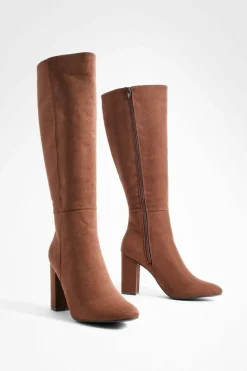 Online boohoo Faux Suede Knee High Heeled Boots chocolate