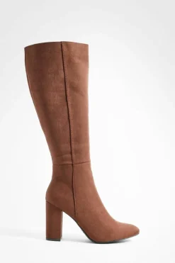 Online boohoo Faux Suede Knee High Heeled Boots chocolate