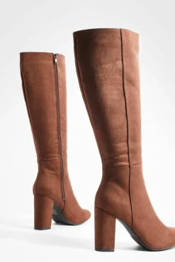 Online boohoo Faux Suede Knee High Heeled Boots chocolate