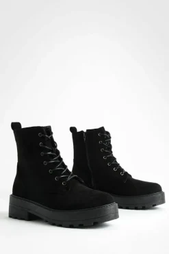 New boohoo Faux Suede Lace Up Chunky Hiker Boots black