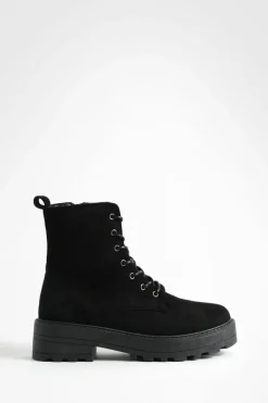 New boohoo Faux Suede Lace Up Chunky Hiker Boots black