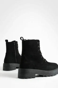 New boohoo Faux Suede Lace Up Chunky Hiker Boots black