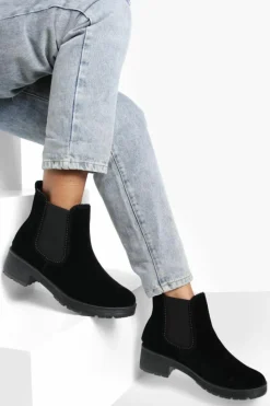 Store boohoo Faux Suede Ribbed Detail Chunky Chelsea Boots black