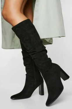 Hot boohoo Faux Suede Ruched Block Heel Knee High Boot black