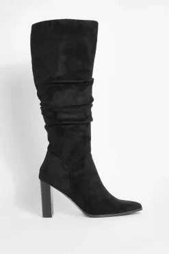 Hot boohoo Faux Suede Ruched Block Heel Knee High Boot black