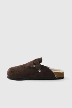Shop boohooMAN Faux Suede Sherpa Lined Mule In brown