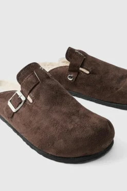 Shop boohooMAN Faux Suede Sherpa Lined Mule In brown