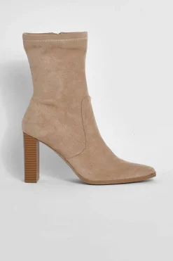 Sale boohoo Faux Suede Square Toe Heeled Sock Boots taupe