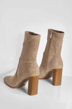 Sale boohoo Faux Suede Square Toe Heeled Sock Boots taupe