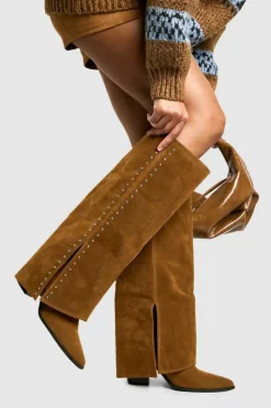 Cheap boohoo Faux Suede Studded Detail Fold Over Distressed Western Boot brown