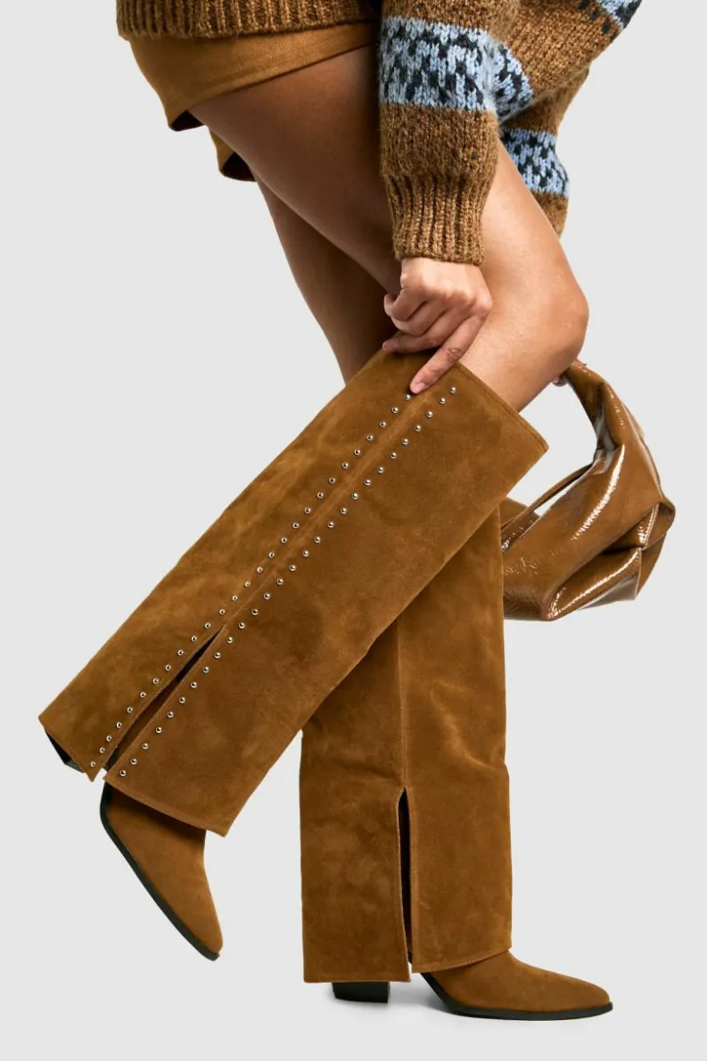 Cheap boohoo Faux Suede Studded Detail Fold Over Distressed Western Boot brown