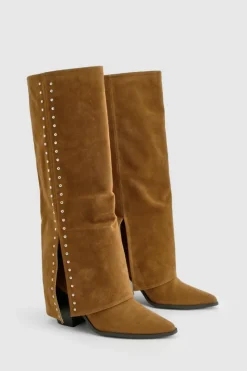 Cheap boohoo Faux Suede Studded Detail Fold Over Distressed Western Boot brown