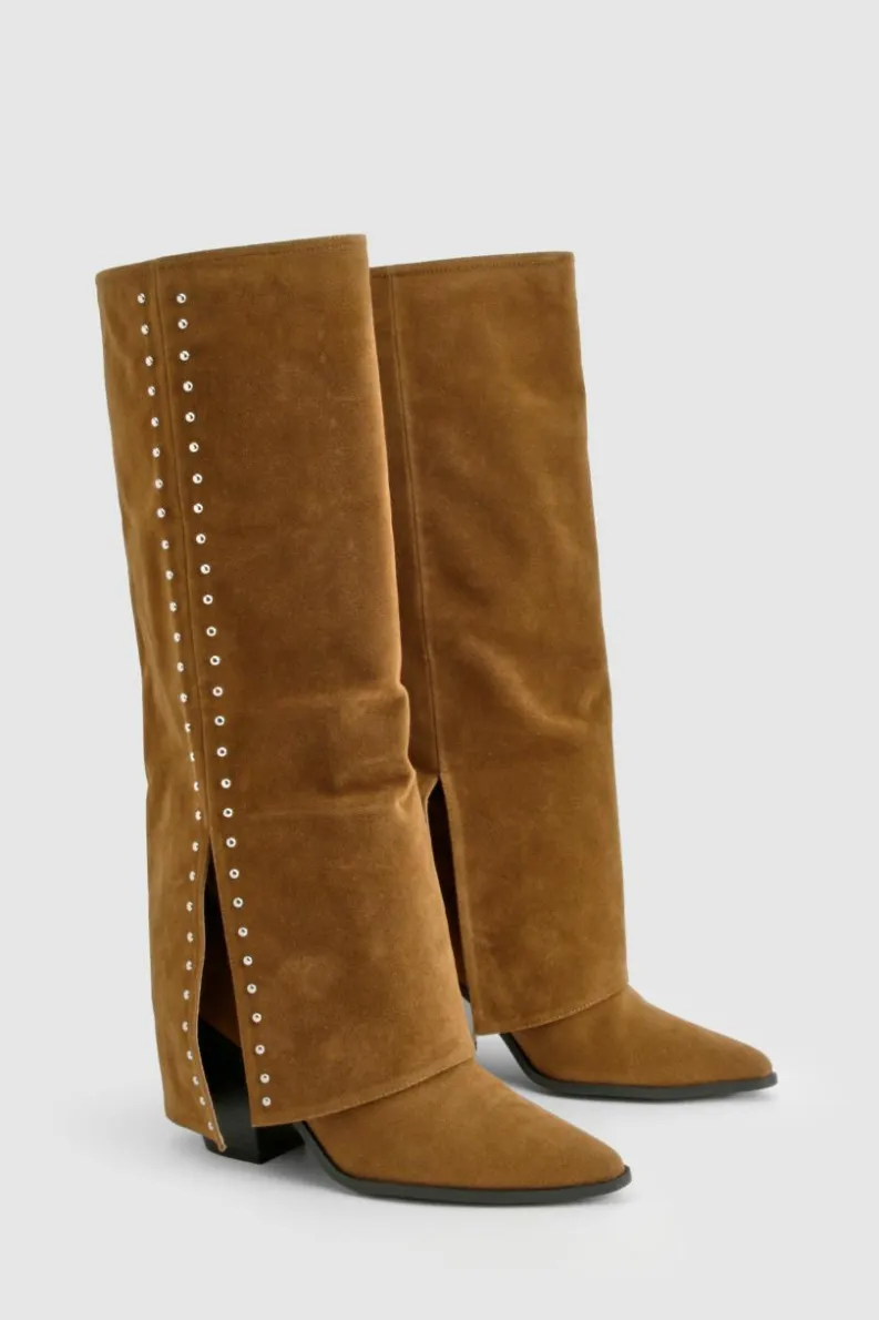 Cheap boohoo Faux Suede Studded Detail Fold Over Distressed Western Boot brown
