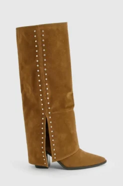 Cheap boohoo Faux Suede Studded Detail Fold Over Distressed Western Boot brown