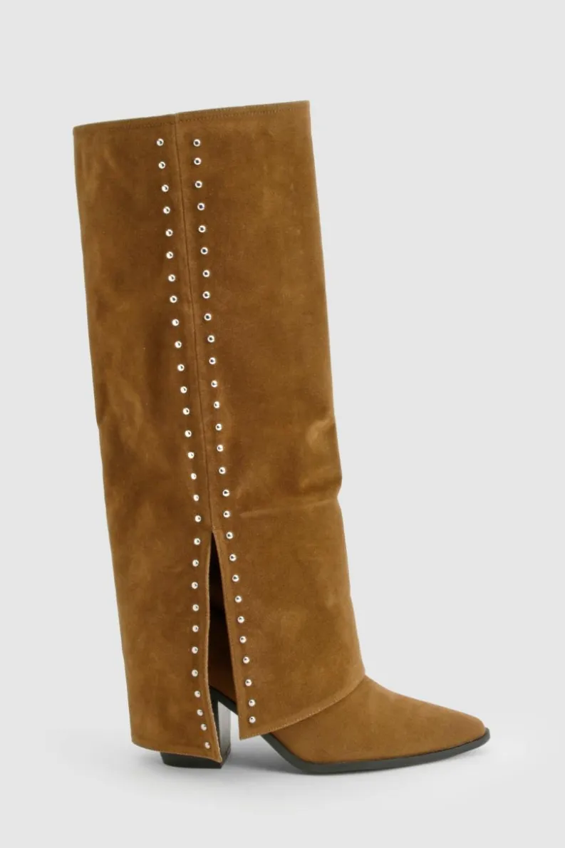 Cheap boohoo Faux Suede Studded Detail Fold Over Distressed Western Boot brown