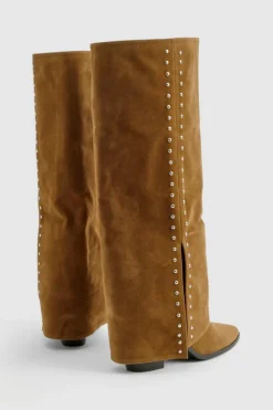 Cheap boohoo Faux Suede Studded Detail Fold Over Distressed Western Boot brown
