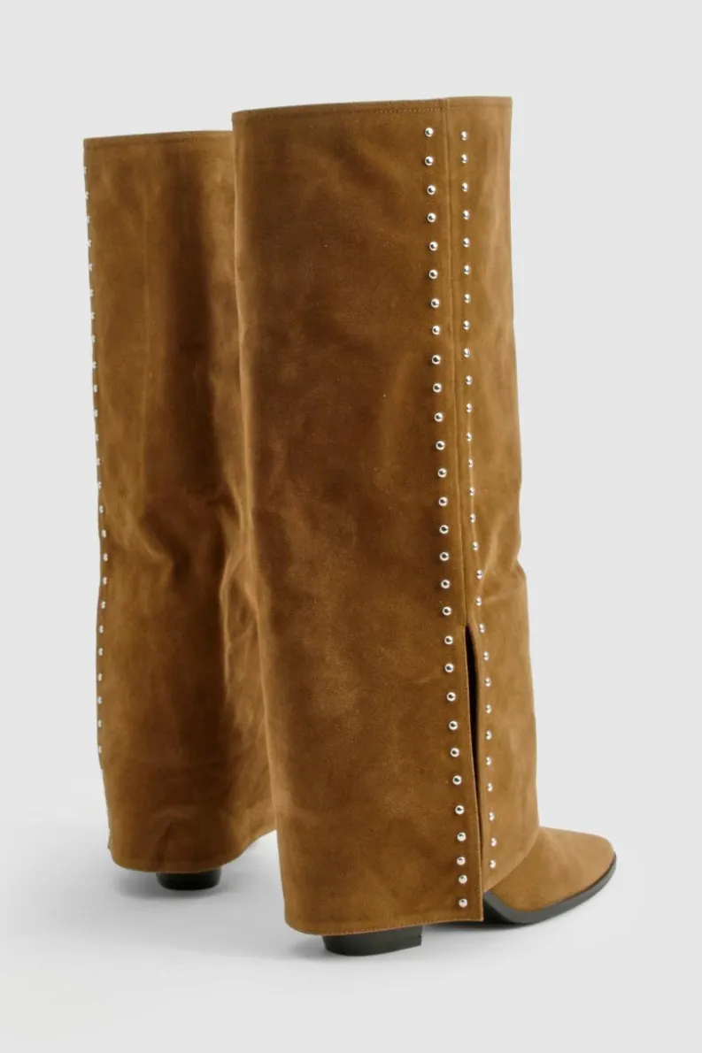 Cheap boohoo Faux Suede Studded Detail Fold Over Distressed Western Boot brown