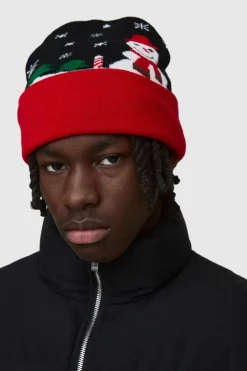 Hot boohooMAN Festive Graphic Beanie in black