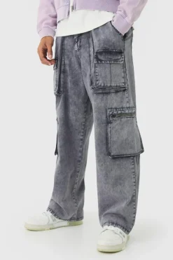 Clearance boohooMAN Fixed Waist Acid Washed Baggy Cargo Trouser charcoal