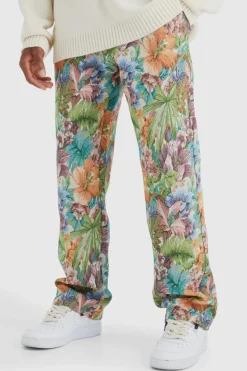 Shop boohooMAN Fixed Waist Floral Tapestry Trouser stone
