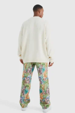 Shop boohooMAN Fixed Waist Floral Tapestry Trouser stone