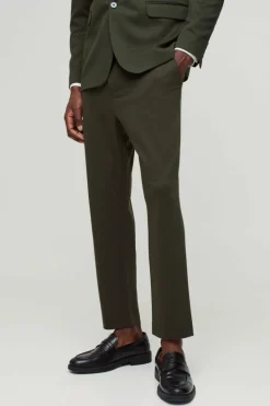 Discount boohooMAN Fixed Waist Jersey Tapered Tailored Trousers olive