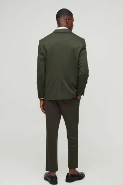 Discount boohooMAN Fixed Waist Jersey Tapered Tailored Trousers olive