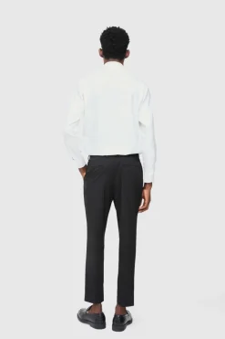 Shop boohooMAN Fixed Waist Pleat Front Tapered Tailored Trousers black