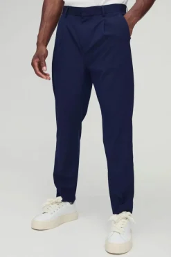 Best boohooMAN Fixed Waist Pleat Front Tapered Tailored Trousers navy