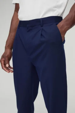 Best boohooMAN Fixed Waist Pleat Front Tapered Tailored Trousers navy