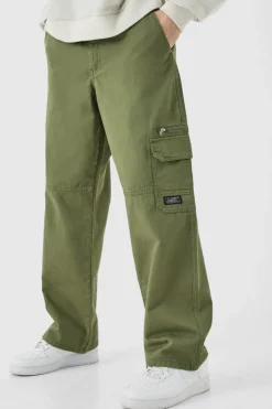 Clearance boohooMAN Fixed Waist Relaxed Cargo Trousers With Woven Tab khaki