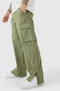 Best Sale boohooMAN Fixed Waist Relaxed Fit Cargo Split Hem Trouser khaki