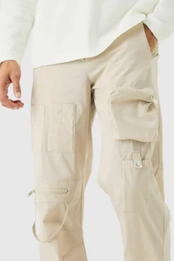 Flash Sale boohooMAN Fixed Waist Relaxed Multi Pocket Cargos stone