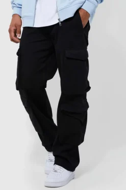 Best boohooMAN Fixed Waist Relaxed Peached Twill 3d Multi Pocket Cargo Pants black