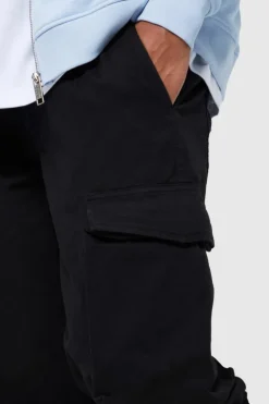 Best boohooMAN Fixed Waist Relaxed Peached Twill 3d Multi Pocket Cargo Pants black
